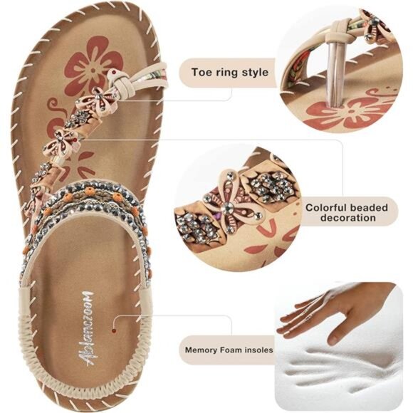 Bohemian‎ Beaded Sandals: Comfortable Flat Casual Beach Shoes with Ankle Strap - Picture 3 of 7